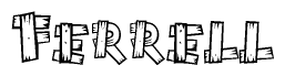 The image contains the name Ferrell written in a decorative, stylized font with a hand-drawn appearance. The lines are made up of what appears to be planks of wood, which are nailed together