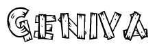 The image contains the name Geniva written in a decorative, stylized font with a hand-drawn appearance. The lines are made up of what appears to be planks of wood, which are nailed together