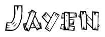 The image contains the name Jayen written in a decorative, stylized font with a hand-drawn appearance. The lines are made up of what appears to be planks of wood, which are nailed together