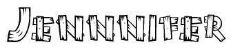 The image contains the name Jennnifer written in a decorative, stylized font with a hand-drawn appearance. The lines are made up of what appears to be planks of wood, which are nailed together