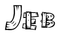 The image contains the name Jeb written in a decorative, stylized font with a hand-drawn appearance. The lines are made up of what appears to be planks of wood, which are nailed together