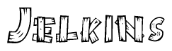 The image contains the name Jelkins written in a decorative, stylized font with a hand-drawn appearance. The lines are made up of what appears to be planks of wood, which are nailed together