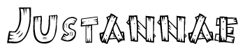 The image contains the name Justannae written in a decorative, stylized font with a hand-drawn appearance. The lines are made up of what appears to be planks of wood, which are nailed together