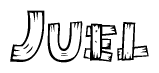 The clipart image shows the name Juel stylized to look as if it has been constructed out of wooden planks or logs. Each letter is designed to resemble pieces of wood.