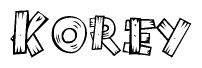 The clipart image shows the name Korey stylized to look as if it has been constructed out of wooden planks or logs. Each letter is designed to resemble pieces of wood.