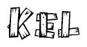 The image contains the name Kel written in a decorative, stylized font with a hand-drawn appearance. The lines are made up of what appears to be planks of wood, which are nailed together