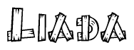 The image contains the name Liada written in a decorative, stylized font with a hand-drawn appearance. The lines are made up of what appears to be planks of wood, which are nailed together