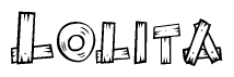 The image contains the name Lolita written in a decorative, stylized font with a hand-drawn appearance. The lines are made up of what appears to be planks of wood, which are nailed together