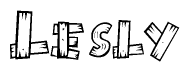 The image contains the name Lesly written in a decorative, stylized font with a hand-drawn appearance. The lines are made up of what appears to be planks of wood, which are nailed together