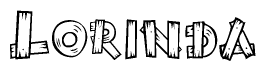 The image contains the name Lorinda written in a decorative, stylized font with a hand-drawn appearance. The lines are made up of what appears to be planks of wood, which are nailed together