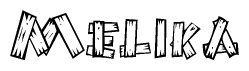 The image contains the name Melika written in a decorative, stylized font with a hand-drawn appearance. The lines are made up of what appears to be planks of wood, which are nailed together