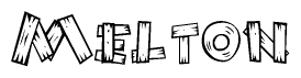 The image contains the name Melton written in a decorative, stylized font with a hand-drawn appearance. The lines are made up of what appears to be planks of wood, which are nailed together