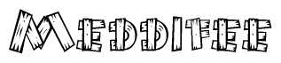 The image contains the name Meddifee written in a decorative, stylized font with a hand-drawn appearance. The lines are made up of what appears to be planks of wood, which are nailed together