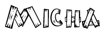 The image contains the name Micha written in a decorative, stylized font with a hand-drawn appearance. The lines are made up of what appears to be planks of wood, which are nailed together