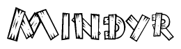 The image contains the name Mindyr written in a decorative, stylized font with a hand-drawn appearance. The lines are made up of what appears to be planks of wood, which are nailed together