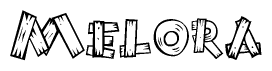 The clipart image shows the name Melora stylized to look as if it has been constructed out of wooden planks or logs. Each letter is designed to resemble pieces of wood.