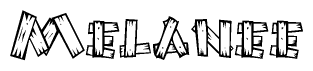 The image contains the name Melanee written in a decorative, stylized font with a hand-drawn appearance. The lines are made up of what appears to be planks of wood, which are nailed together