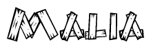 The clipart image shows the name Malia stylized to look as if it has been constructed out of wooden planks or logs. Each letter is designed to resemble pieces of wood.