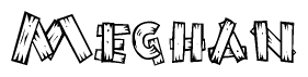 The clipart image shows the name Meghan stylized to look like it is constructed out of separate wooden planks or boards, with each letter having wood grain and plank-like details.