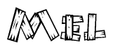The image contains the name Mel written in a decorative, stylized font with a hand-drawn appearance. The lines are made up of what appears to be planks of wood, which are nailed together