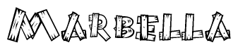 The image contains the name Marbella written in a decorative, stylized font with a hand-drawn appearance. The lines are made up of what appears to be planks of wood, which are nailed together