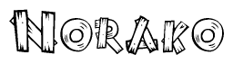 The image contains the name Norako written in a decorative, stylized font with a hand-drawn appearance. The lines are made up of what appears to be planks of wood, which are nailed together