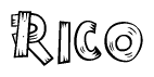 The clipart image shows the name Rico stylized to look as if it has been constructed out of wooden planks or logs. Each letter is designed to resemble pieces of wood.