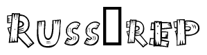 The image contains the name Russ rep written in a decorative, stylized font with a hand-drawn appearance. The lines are made up of what appears to be planks of wood, which are nailed together