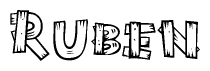 The image contains the name Ruben written in a decorative, stylized font with a hand-drawn appearance. The lines are made up of what appears to be planks of wood, which are nailed together