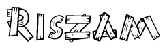 The image contains the name Riszam written in a decorative, stylized font with a hand-drawn appearance. The lines are made up of what appears to be planks of wood, which are nailed together