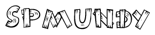 The image contains the name Spmundy written in a decorative, stylized font with a hand-drawn appearance. The lines are made up of what appears to be planks of wood, which are nailed together