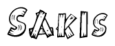 The image contains the name Sakis written in a decorative, stylized font with a hand-drawn appearance. The lines are made up of what appears to be planks of wood, which are nailed together