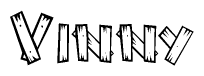 The clipart image shows the name Vinny stylized to look as if it has been constructed out of wooden planks or logs. Each letter is designed to resemble pieces of wood.