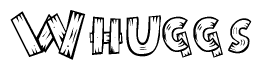 The clipart image shows the name Whuggs stylized to look as if it has been constructed out of wooden planks or logs. Each letter is designed to resemble pieces of wood.