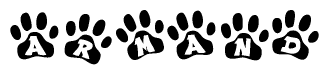 The image shows a row of animal paw prints, each containing a letter. The letters spell out the word Armand within the paw prints.