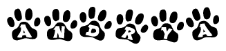 The image shows a series of animal paw prints arranged in a horizontal line. Each paw print contains a letter, and together they spell out the word Andrya.