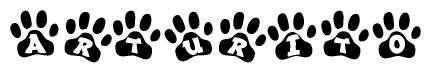The image shows a series of animal paw prints arranged in a horizontal line. Each paw print contains a letter, and together they spell out the word Arturito.