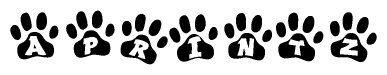 The image shows a series of animal paw prints arranged in a horizontal line. Each paw print contains a letter, and together they spell out the word Aprintz.