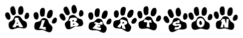 The image shows a series of animal paw prints arranged horizontally. Within each paw print, there's a letter; together they spell Albertson