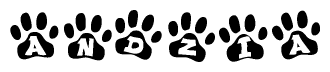 The image shows a row of animal paw prints, each containing a letter. The letters spell out the word Andzia within the paw prints.