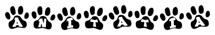 The image shows a series of animal paw prints arranged in a horizontal line. Each paw print contains a letter, and together they spell out the word Anitatia.