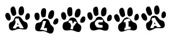 The image shows a series of animal paw prints arranged in a horizontal line. Each paw print contains a letter, and together they spell out the word Alycia.