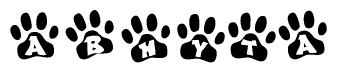The image shows a row of animal paw prints, each containing a letter. The letters spell out the word Abhyta within the paw prints.