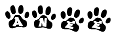 The image shows a series of animal paw prints arranged in a horizontal line. Each paw print contains a letter, and together they spell out the word Anee.