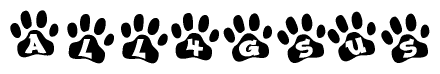 The image shows a row of animal paw prints, each containing a letter. The letters spell out the word All4gsus within the paw prints.