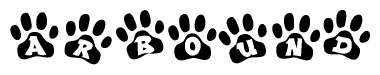 The image shows a series of animal paw prints arranged horizontally. Within each paw print, there's a letter; together they spell Arbound
