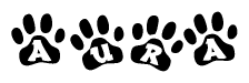 The image shows a series of animal paw prints arranged horizontally. Within each paw print, there's a letter; together they spell Aura
