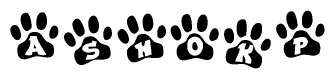 The image shows a series of animal paw prints arranged in a horizontal line. Each paw print contains a letter, and together they spell out the word Ashokp.