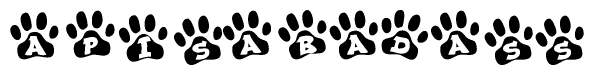 The image shows a row of animal paw prints, each containing a letter. The letters spell out the word Apisabadass within the paw prints.