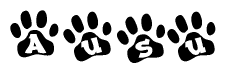 The image shows a series of animal paw prints arranged horizontally. Within each paw print, there's a letter; together they spell Ausu